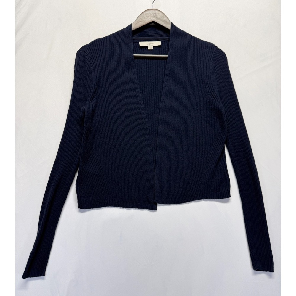 Ann Taylor Loft Cardigan Sweater Womens M Navy Blue Tight Knit Ribbed Open Front